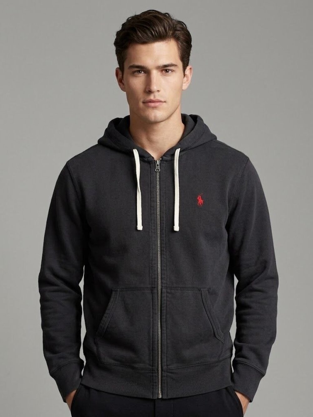 Polo Ralph Lauren Mens Full-Zip Hoodie Black L 100% Cotton Casual Style
